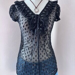 Chic Sheer Whimsygoth Black Lace Ruffle Blouse